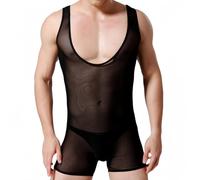 SamHeng Men's See Through Mesh Sheer Singlet Bodysuit Sleeveless Lingerie One Piece Slim Fit Leotard Jumpsuit Underwear Nightwear Rave Club Undershirt, Black/XL