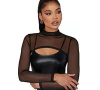 SamHeng Mesh Crop Tops for Women, Black Mock Neck Long Sleeve Crop Top Cover Up, Sexy See Through Shirt Top Slim Fit Mesh Top for Swim Beach Clubwear Yoga Sports
