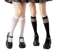 SamHeng Mesh Knee High Socks, 2 Pairs Elastic Soft Velvet Thigh High Socks Breathable Splicing Fishnet Calf-Length Socks, Solid Color Casual Tube Tights Stockings Fashion Pop Socks for Women Girls