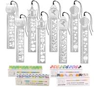 SamHeng Metal Bookmark Rulers with Sticky Tabs Set, 8 Pcs Hollow Out 10cm Straight Ruler Graphics Drawing Stencils Scale Templates Book Markers with 4 Pack Random Index Flags Book Tabs Page Markers