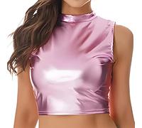 SamHeng Metallic Crop Top for Women, Shiny Stretch Sleeveless Holographic Party Tank Tops Dance Vest Clubwear Club Tank T-Shirt