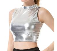 SamHeng Metallic Crop Top for Women, Shiny Stretch Sleeveless Holographic Party Tank Tops Dance Vest Clubwear Club Tank T-Shirt