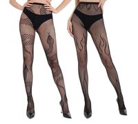 SamHeng Printed Fishnet Tights for Women, 2 Pairs Stretchy Black Snake & Flame Patterned High Waist Mesh Tights, Fashionable Sexy Fishnet Stockings Night Club Pantyhose for Party Cosplay Daily Wear