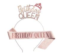 SamHeng Queen Sash & Tiara Set, Rose Gold Birthday Sash, Crystal Crown for Sweet Birthday Party