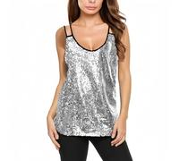 SamHeng Sequin Tank Camisole Tops for Women Sleeveless Glitter Vest Shirt Party Blouse V Neck Shining Cami Tank for Night Club Cocktail Party(Silver/L)