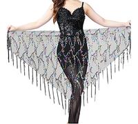 SamHeng Sequins Tassel Skirt, Belly Dance Rave Fringe Hip Scarf Latin Hula Hip Belt, Glitter Bohemian Skirt for Women and Girls Festival Dance Performance Black