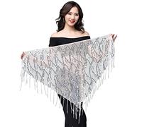 SamHeng Sequins Tassel Skirt, Belly Dance Skirts Rave Fringe Hip Scarf Latin Dance Hula Hip Belt, Glitter Bohemian Skirt for Women and Girls Festival Dance Performance White