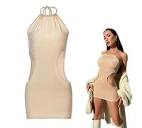 SamHeng Sexy Glitter Mini Dress for Women, Sparkly Slip Dress Halter Clubbing Bodycon Dress, Sleeveless Slim Fit Nightclub Dress for Party Cocktail Disco Clubwear (L) Nude