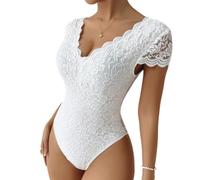 SamHeng Sexy Lace Bodysuit for Women, V Neck Short Sleeves Slim Fit Body Suit Jumpsuit Shapewear Backless See-Through Floral Lace Leotard Tops with Snap Closure Ladies Going Out Casual Top (White-M)