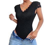 SamHeng Sexy Lace Bodysuit for Women, V Neck Short Sleeves Slim Fit Body Suit Jumpsuit Shapewear Backless See-Through Floral Lace Leotard Tops with Snap Closure Ladies Going Out Casual Top (Black-M)