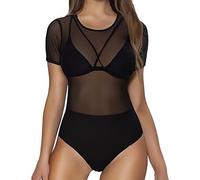 SamHeng Sheer Bodysuit for Women Short Sleeve Black Mesh Bodysuit See Through Body Tops Leotards Fishnet Lace T-Shirt Clubwear, M
