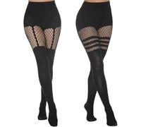 SamHeng Suspender Striped Tights for Women, 2 Pairs Elastic Black High Waist Opaque Tights Thigh High Fishnet Tights, Fashionable Sexy Nylon Stockings Night Club Pantyhose for Party Cosplay Daily Wear