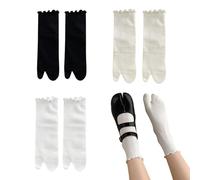 SamHeng Tabi Flip Flop Socks for Women 3 Pairs Cotton Japanese Split Toe Socks Calf-Length Elastic Ruffle Frilly Shinobu Cosplay Extra Sock(3 Colors)
