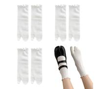 SamHeng Tabi Flip Flop Socks for Women 3 Pairs Cotton Japanese Split Toe Socks Calf-Length Elastic Ruffle Frilly Shinobu Cosplay Extra Sock(White)
