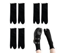SamHeng Tabi Flip Flop Socks for Women 3 Pairs Cotton Japanese Split Toe Socks Calf-Length Elastic Ruffle Frilly Shinobu Cosplay Extra Sock(Black)