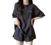 SamHeng Two Piece Outfits Women Summer Short Sleeve Tracksuit Waffle Pattern Activewear Lounge Wear Casual Leisure Co Ord Set Crew Neck Solid Color Shirt and Shorts with Pockets (Grey-L)