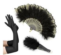 SamHeng Vintage Feather Fan & Satin Gloves, 1920s Style Folding Handheld Feather Fan Hand Fan Long Evening Gloves Elbow Gloves for Gatsby Party Dancing Wedding Prom Tea Party Photo Props (Black)