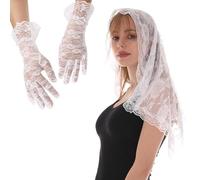 SamHeng White Mantilla Veil & Short Gloves Kit, Elegant Rose Lace Women Church Veil Mass Veil Shoulder Length Chapel Veil Head Covering with Floral Gloves for Wedding Prom Evening Party Costume