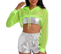 SamHeng Women Fishnet Long Sleeve Crop Top See Through Mesh Blouses Pullover Hoodie Short T-Shirts for Party Clubwear Summer Beach Cover Up Halloween(Neon Green/M)