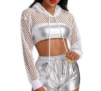 SamHeng Women Fishnet Long Sleeve Crop Top See Through Mesh Blouses Pullover Hoodie Short T-Shirts for Party Clubwear Summer Beach Cover Up Halloween(White/L)