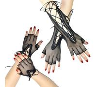 SamHeng Women Lace Up Fingerless Gloves, 2 Pairs Black Fishnet Gloves Vintage Mesh Gloves, Long & Short Steampunk Gloves Elastic Half Finger Gloves for 80s Theme Party Disco Costume Accessories
