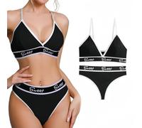 SamHeng Women’s Sports Bra and Briefs Underwear Set Unpadded Cotton Bralette Brief Set Wire Free Seamless Yoga Fitness Exercise Training Bras Tops, Black/L