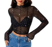 SamHeng Women Sequin Sheer Mesh Tops, Shiny Dots Print See Through Long Sleeve Top, Black Sexy Mock Neck Crop Tee Tops Slim Fit Base Shirts Going Out T-Shirt Streetwear (XL)