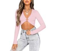 SamHeng Women Sexy Deep V Crop Tops, Long Sleeve Hollow Out V Neck Bustier Corset Ruched Ring Cropped T Shirt, Skinny Sexy Going Out Tee Tops Workout Crop for Lady Girls (Pink/L)