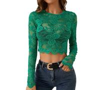 SamHeng Women Sheer Lace Crop Top, Sexy Embroidery Flower Long Sleeve Top, Crew Neck See Through Lace Floral Tee Shirt Y2K Slim Fit Base Shirt Blouse Lady Casual Going Out Tops Streetwear (Green-L)