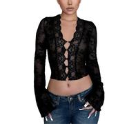 SamHeng Women's Black Sheer Mesh Bell Long Sleeve Crop Top T-Shirt Sexy Lace Deep V Neck Blouse Long Flare Sleeve Slim Tee Shirt Y2k Going Out Layering Tee Streetwear L
