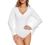 SamHeng Women's Bodysuit with Tassel V Neck Long Sleeve Leotard Bodysuit for Women Jumpsuit Leotard Top Stretchy Slim Fit Thong Body Suit with Snap Closure Casual Clubwear(White/L)