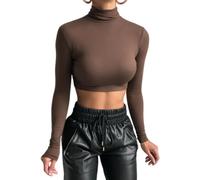 SamHeng Women's Brown Long Sleeve Crop Top, Slim Fit Turtleneck Mock Neck Tops, Solid Color Casual Stretch Fitted T-shirts Streetwear (M)