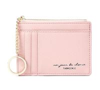SamHeng Women's Card Holder, 8-Card Slim Minimalist Zipper Coin Purse, PU Leather Change Purse Keychain Front Pocket Wallet for Lady Girls (Pink)