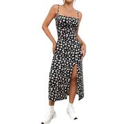 SamHeng Womens Daisy Print Slip Dress Sexy Spaghetti Strap Ruched Bust Bodycon Split Maxi Dress High Stretch Sleeveless Cami Backless Casual Floral Sundress for Dating Beach Vacation, Black L