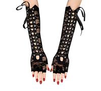 SamHeng Women's Fingerless Gloves, Long Sexy Black Satin Gloves with Laced Tie, Lace Up Elbow Arm Warmers for Evening Opera Punk Party Cosplay Dress Up Costumes