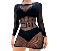SamHeng Womens Fishnet Mini Dress Long Sleeve Sexy Hollow Out Babydoll Chemise Mesh Fishnet Bodysuit Top See Through Beach Cover up Nightwear Clubwear(Style-3)