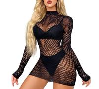 SamHeng Womens Fishnet Mini Dress Long Sleeve Sexy Hollow Out Babydoll Chemise Mesh Fishnet Bodysuit Top See Through Beach Cover up Nightwear Clubwear(Style-2)