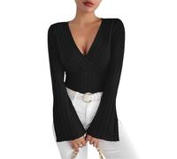 SamHeng Women's Flare Long Sleeve Tops Sexy Deep V Neck T-Shirt Striped Slim Fit Elegent Basic Blouse Top Going Outfits for Office Lady Clubwear Streetwear Black/M