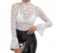 SamHeng Women's Flare Long Sleeve Tops Sexy Floral Lace See Through Tee Shirt High Neck Slim Fit Elegent Basic Blouse Top Going Outfits for Office Lady Clubwear Streetwear, White/L