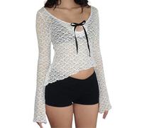 SamHeng Women's Floral Lace Top, Sexy Mesh Sheer, Long Sleeve, Slim Fit, Asymmetrical, White, Size L