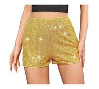SamHeng Women's Gold Sequin Hotpants, High Waisted Elastic Straight Leg Shiny Rave Shorts for Party, Club, Concert & Night-Out