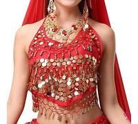 SamHeng Women's Halter Neck Bra for Belly Dance, Backless Padded Bra Top Camisole Halter Crop, Bandage Tank Top Sequins Belly Dance Crop Top for Festival Party Clubwear Red