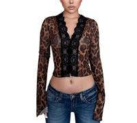 SamHeng Women's Leopard Print Sheer Mesh Bell Long Sleeve Crop Top T-Shirt Sexy Lace Deep V Neck Blouse Long Flare Sleeve Slim Tee Shirt Y2k Going Out Layering Tee Streetwear L
