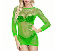 SamHeng Womens Lingerie Fishnet Mini Dress Long Sleeve Sexy Hollow Out Babydoll Chemise Mesh Fishnet Bodysuit Top See Through Beach Cover up Nightwear Clubwear UK Size 6-14(Neon Green)