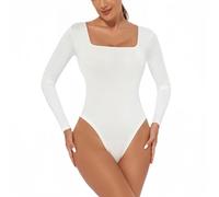SamHeng Women's Long Sleeve Bodysuit Sexy Square Neck Casual Leotard Tops Thong Stretchy Basic Body Suit Slim Fit Jumpsuit Clubwear Underwear(White/L)