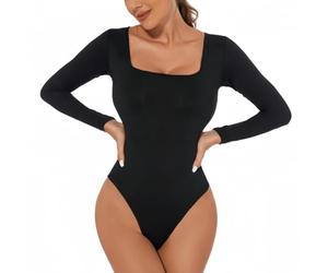 SamHeng Women's Long Sleeve Bodysuit Sexy Square Neck Casual Leotard Tops Thong Stretchy Basic Body Suit Slim Fit Jumpsuit Clubwear Underwear(Black/L)