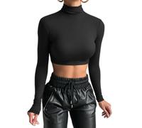 SamHeng Women's Long Sleeve Turtleneck Tops, Slim Fit Mock Neck Tops Crop Tops, Solid Color Basic Blouse Tee Tops Base Layer Pullover Shirts Casual Stretch Fitted T-Shirts Streetwear (Black-M)