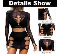 SamHeng Women's Mesh Bodycon Dress Set Fishnet Cut Out Long Sleeve Tank Top Mini Skirt Party Clubwear Sexy Out Fits Chemise Nithtwear