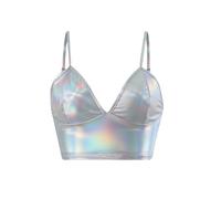 SamHeng Women's Metallic Crop Top Vest Sleeveless Wet Look Sexy V-Neck Camisole Shiny Rave Bra for Dance Festivals Costumes Night Club Party(Silver/XL)