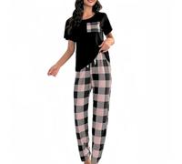 SamHeng Women's Pyjama Set Round Neck Short Sleeve Tops and Long Pants Soft Sleepwear Loungewear Summer Pjs Set Casual Nightwear for Ladies(Pink/L)